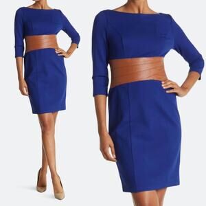 New Focus By Shani Royal Blue Sheath Dress Brown Leather Banded Waist Size US 10